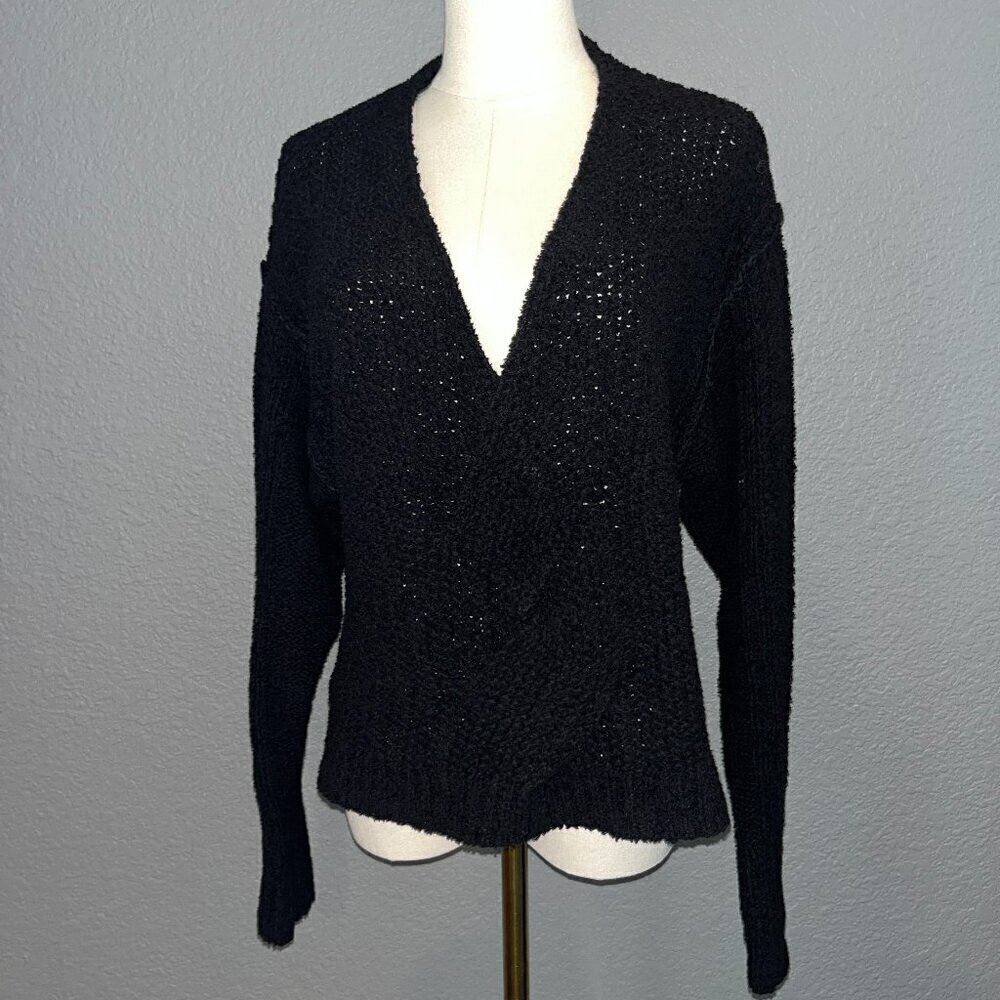 Free People Waffle Knit Cross Over Black Oversized Cropped Sweater - Euc - Xs